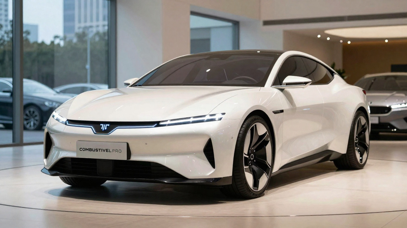 Carro elétrico branco desportivo estacionado em interior de showroom moderno.