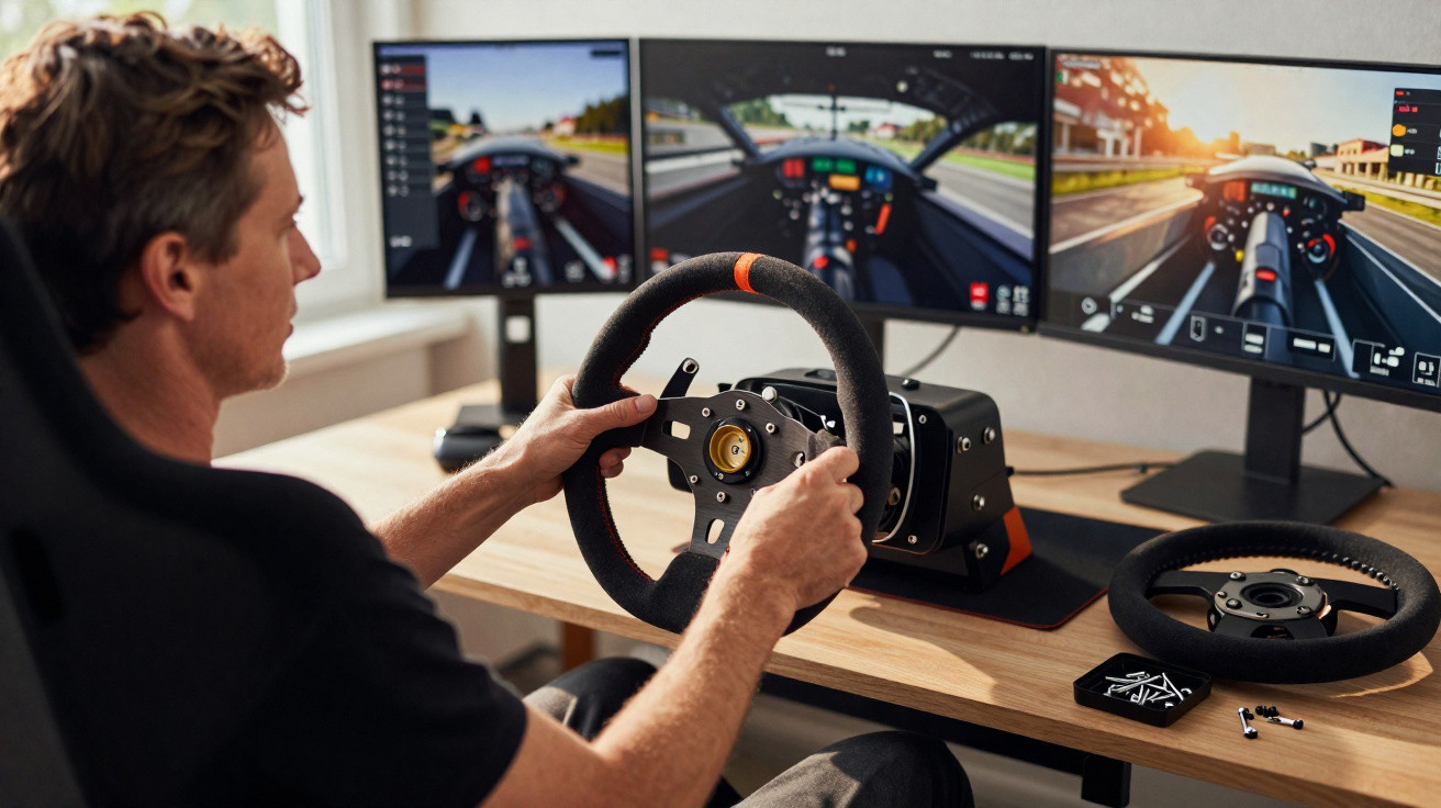Homem a jogar simulador de corrida com volante de gaming e ecrãs duplos num setup de videojogos.