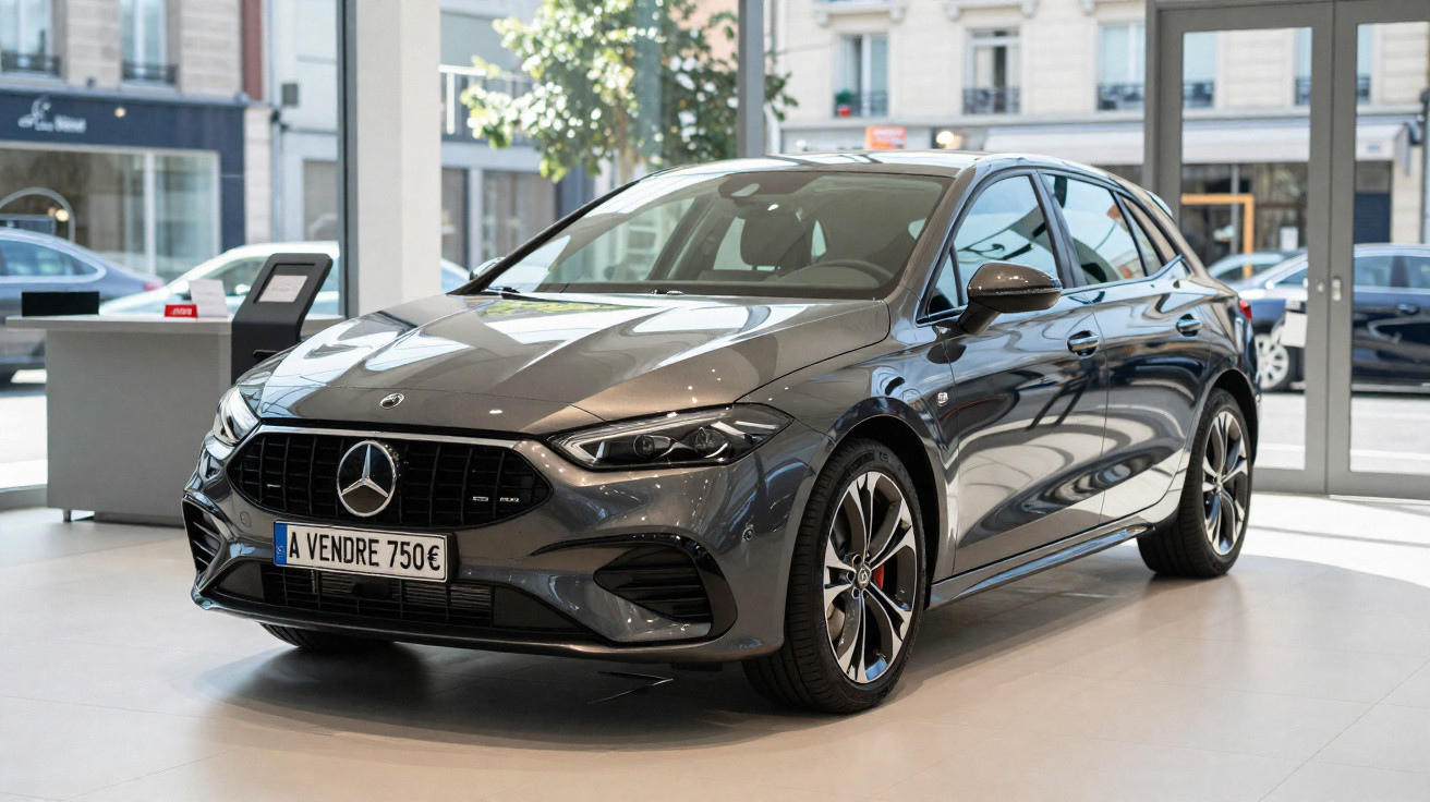 Carro Mercedes-Benz cinzento escuro exposto numa loja com placa de venda em francês.