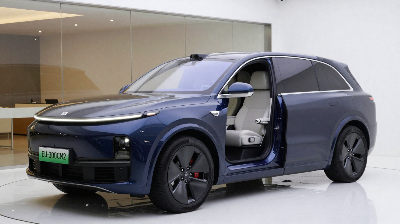 Carro SUV elétrico azul com porta dianteira aberta e interior branco exibido em showroom moderno.