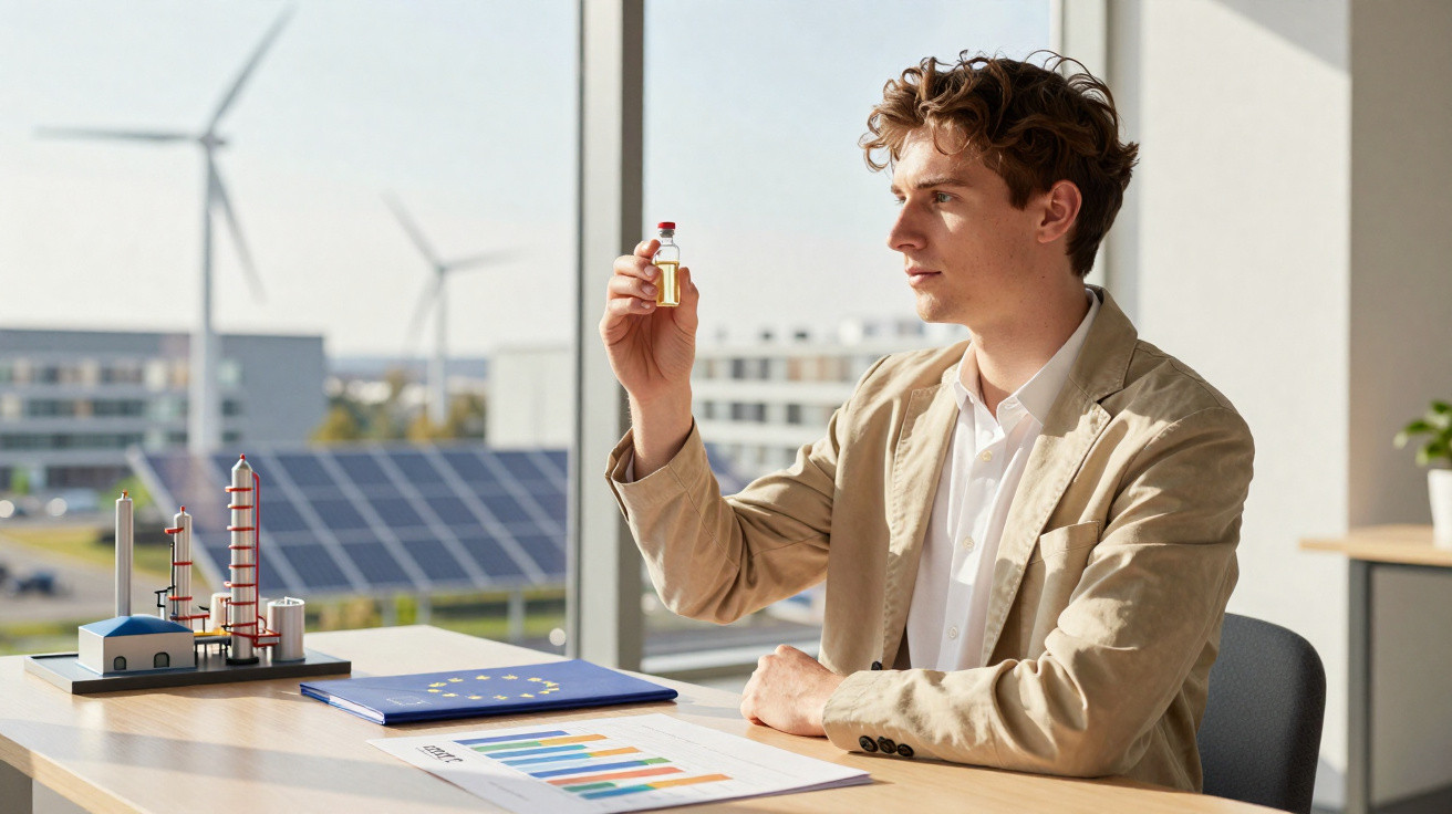 Homem a analisar frasco com líquido num escritório com gráficos e miniatura de refinaria, painéis solares e turbina eólica ao