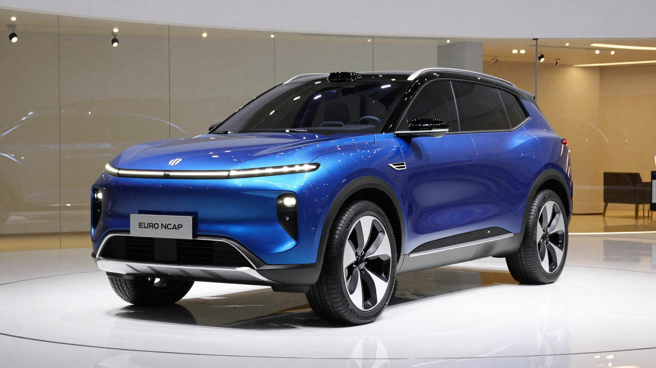 Carro elétrico SUV azul moderno em exposição numa sala minimalista com chão brilhante e paredes claras.