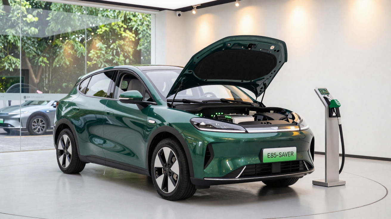 Carro elétrico verde metálico com capô aberto mostrando motor em exposição junto a posto de carregamento.