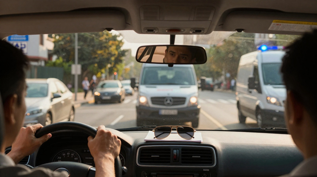 Vista interior de carro com motorista a parar para ambulância com luzes de emergência na estrada.