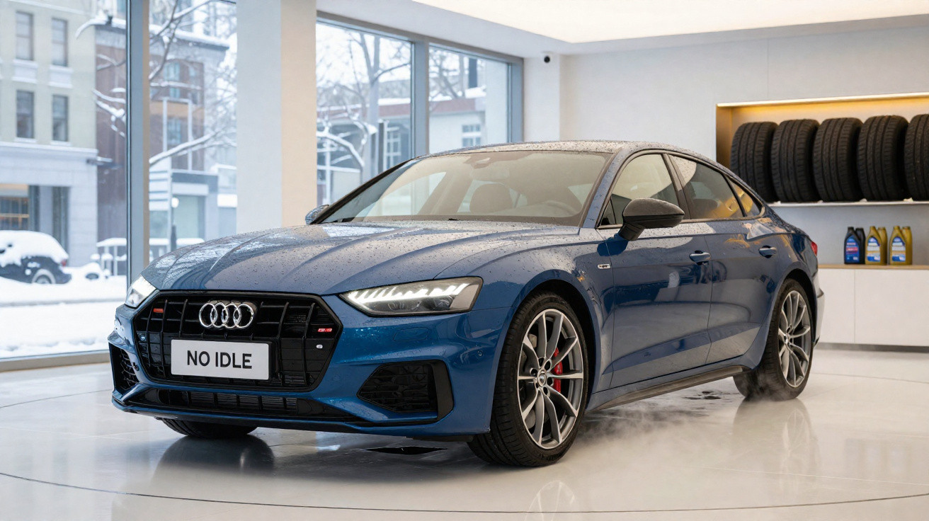 Carro azul Audi sedan em exposição no interior com janelas grandes e pneus na parede.