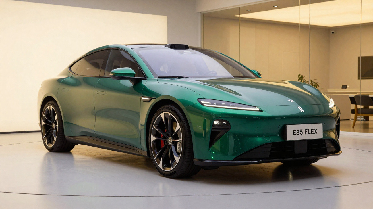 Carro elétrico verde E85 FLEX em exposição num salão com parede espelhada ao fundo.