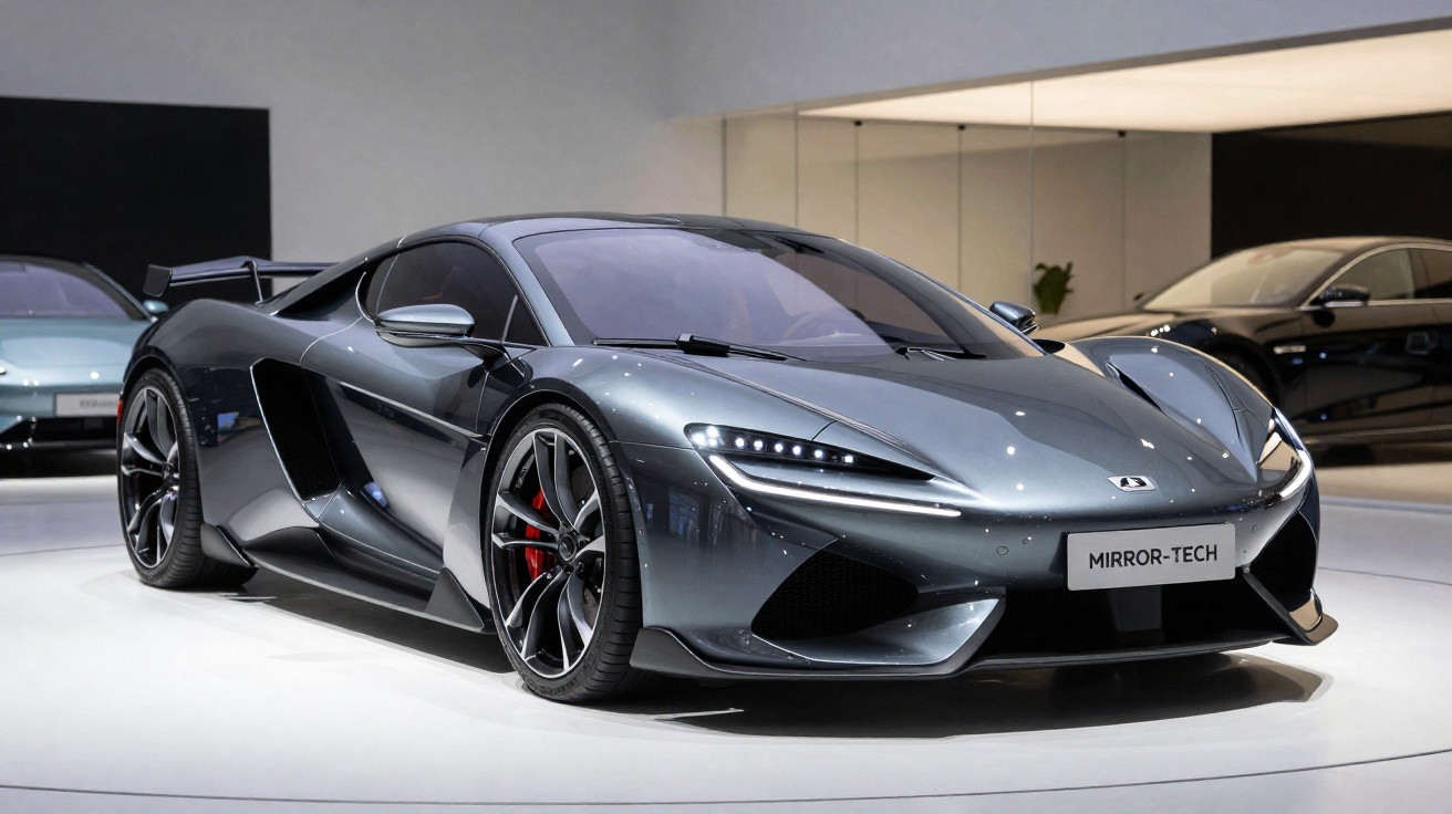 Carro desportivo cinzento metálico com design futurista exposto em salão automóvel com espelho ao fundo.