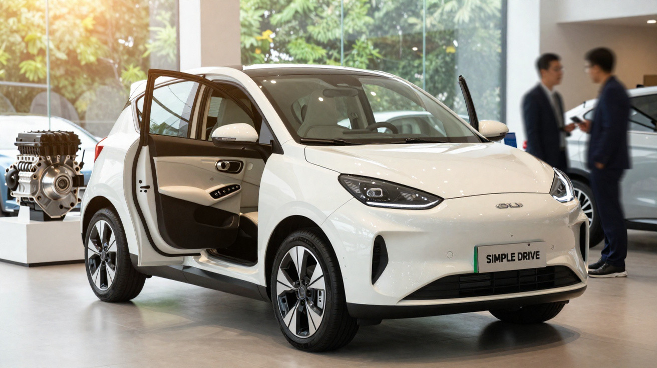 Carro elétrico branco com portas dianteira e traseira abertas, interiores claros, exposto em salão com duas pessoas ao fundo.