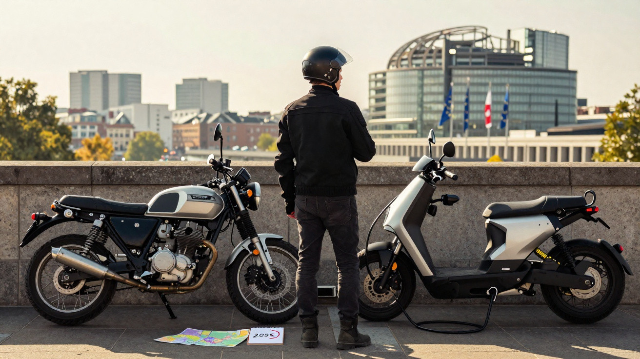 Pessoa de capacete e casaco preto entre duas motocicletas estacionadas numa área urbana, com edifícios ao fundo.