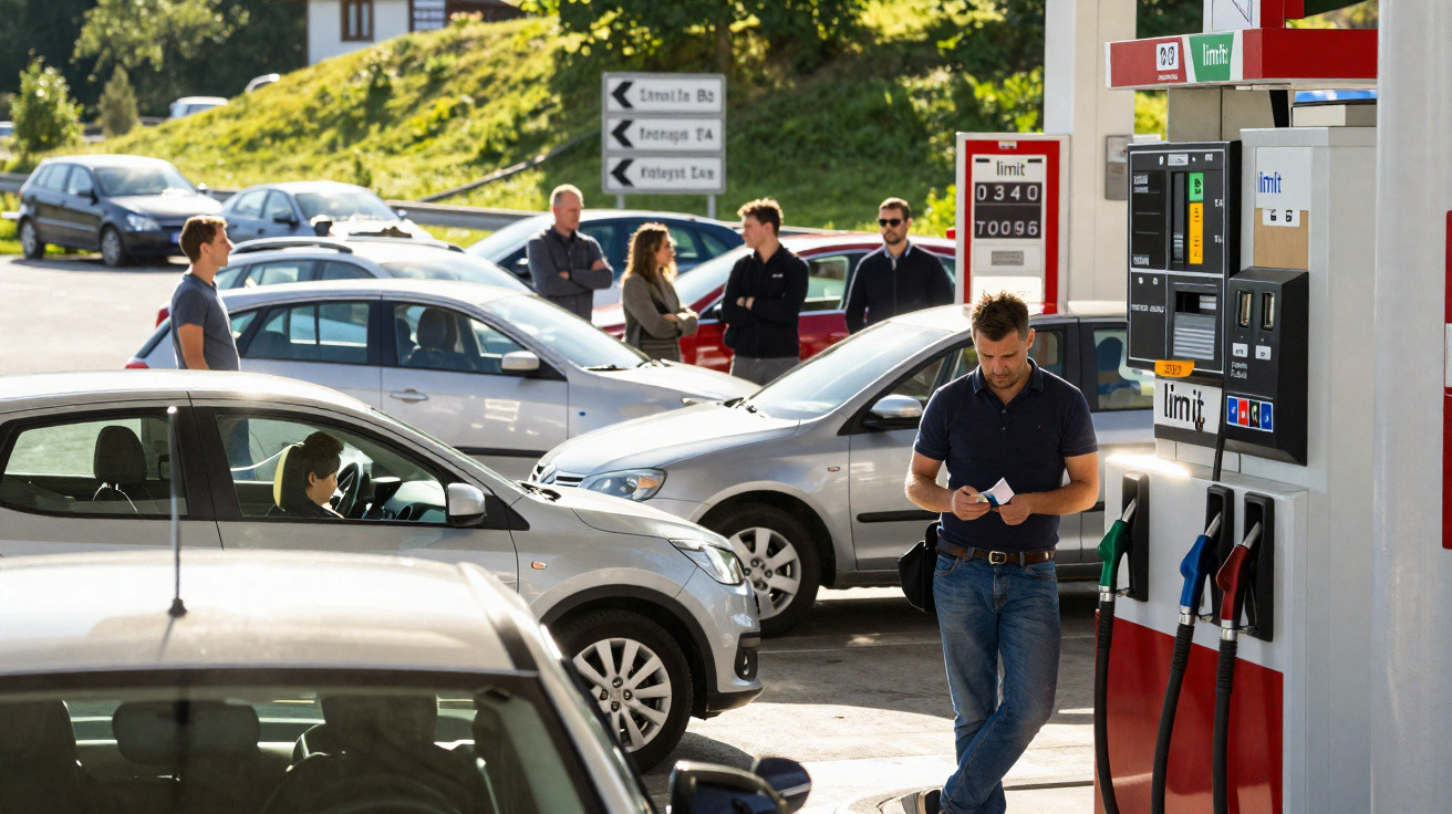 Fila de carros numa gasolina em fila para abastecer num dia soalheiro.