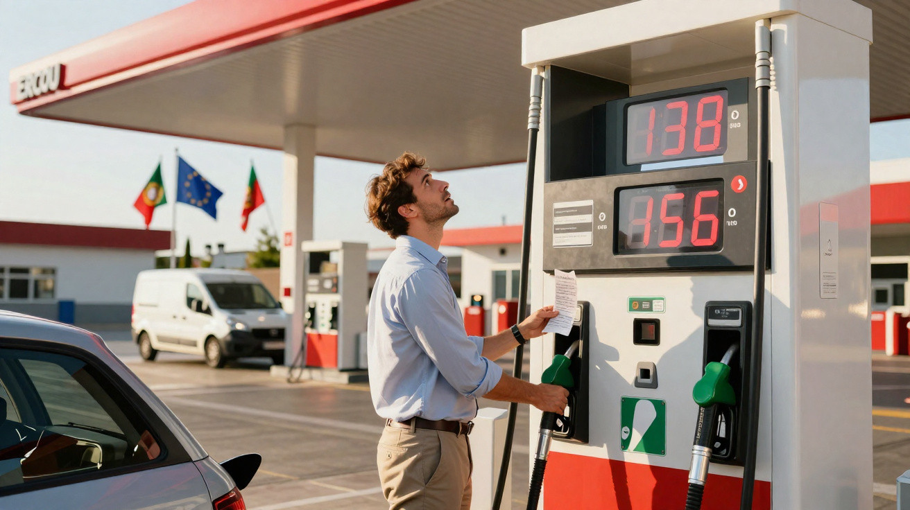Homem de fato abastece carro numa bomba de gasolina numa estação com bandeira de Portugal.