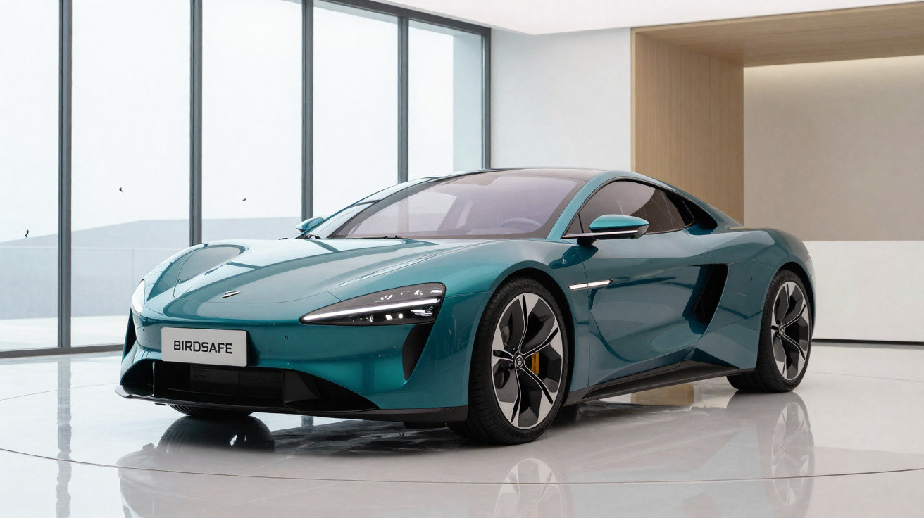 Carro desportivo elétrico verde num estúdio moderno com grandes janelas e luz natural.