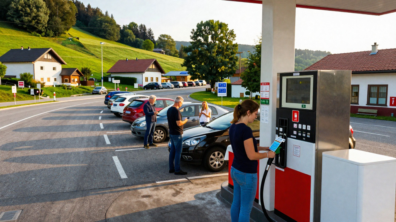 Posto de combustível numa área rural com várias pessoas a abastecer carros e casas ao fundo.