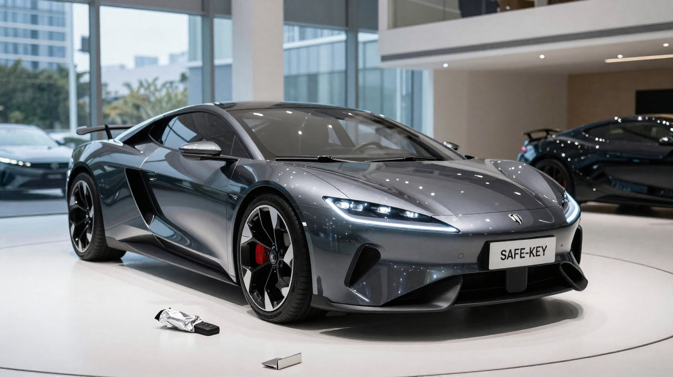 Carro elétrico desportivo cinzento brilhante exposto em salão com comando e caixa ao lado.