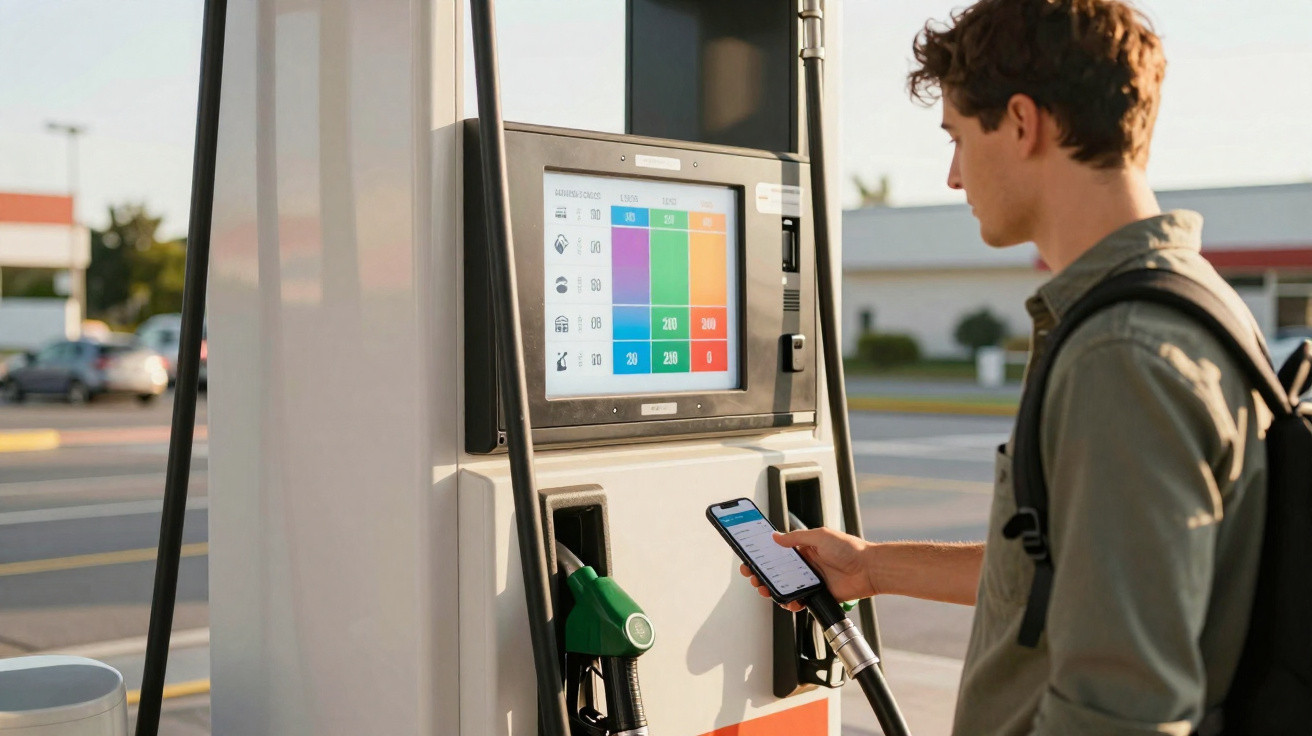 Homem jovem consulta ecrã digital na bomba de gasolina ao ar livre ao fim do dia.