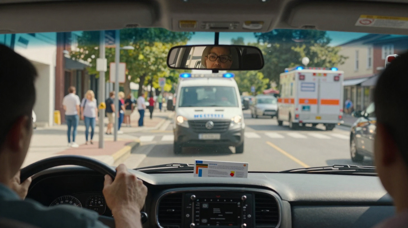 Interior de um carro com motorista, à frente duas ambulâncias e peões na calçada.