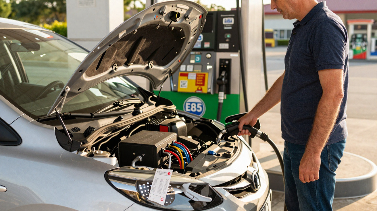 Homem a carregar um carro elétrico numa estação de abastecimento com o capot aberto.