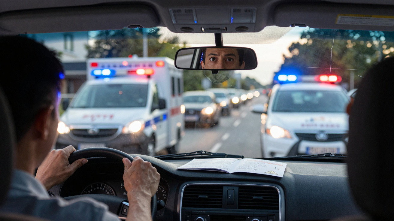 Motorista observa pelo espelho retrovisor várias viaturas de emergência com luzes azuis numa estrada movimentada.