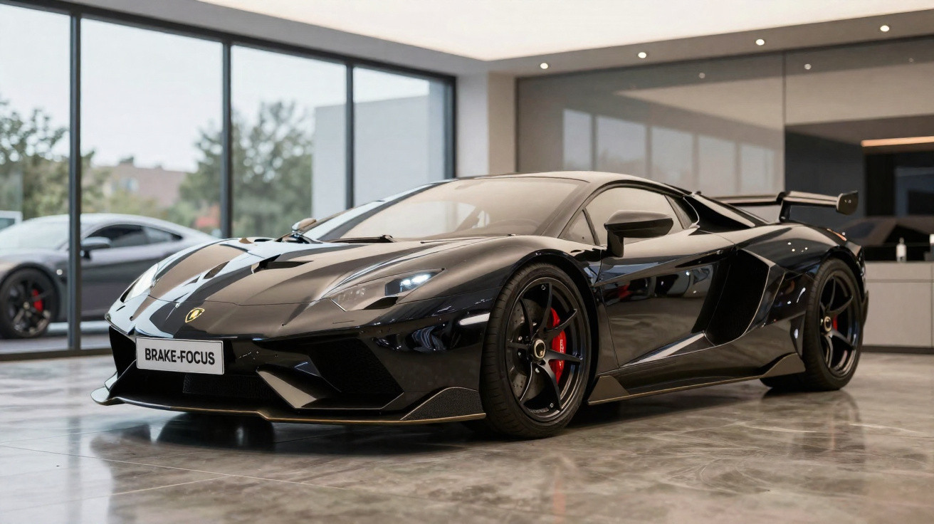Carro desportivo preto com detalhes vermelhos em exposição num salão moderno com paredes de vidro.