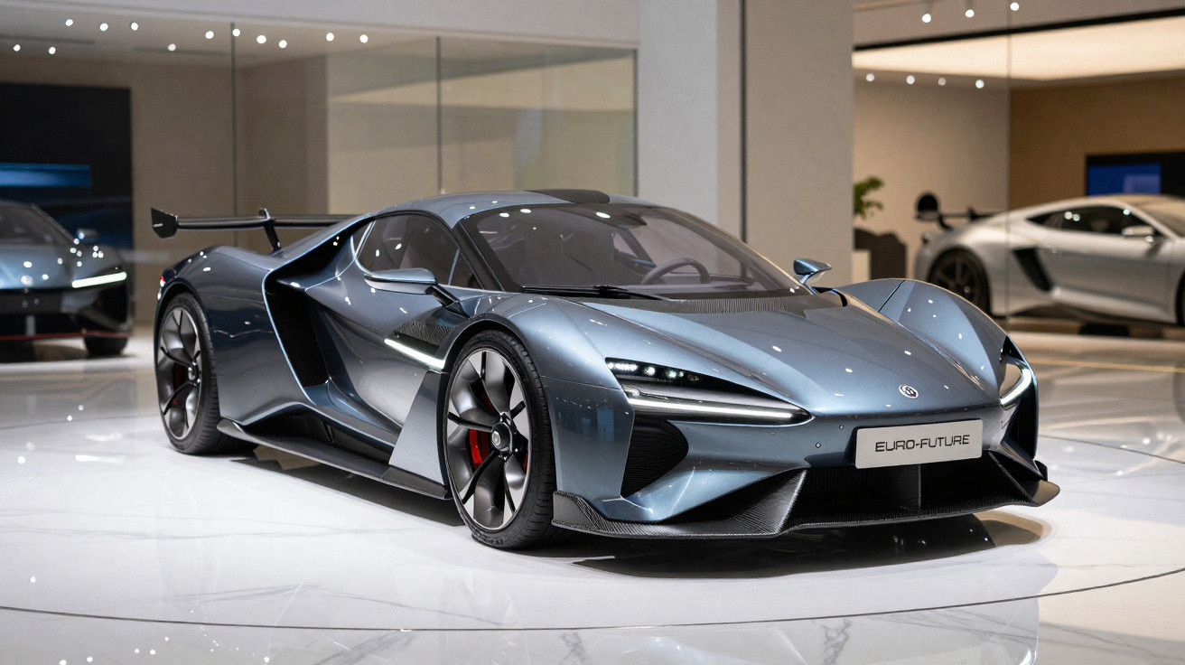 Carro desportivo azul metálico futurista com design aerodinâmico exposto em showroom moderno.