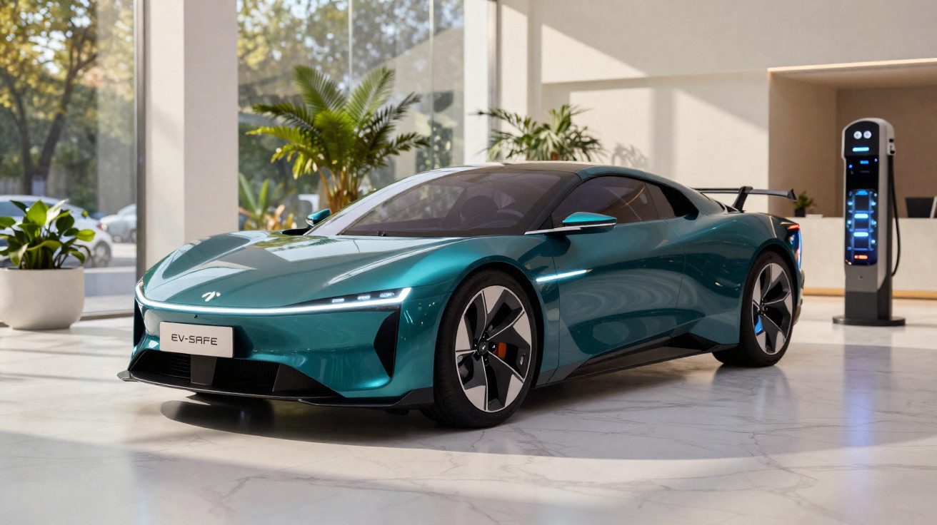 Carro desportivo elétrico verde estacionado numa garagem moderna com estação de carregamento ao fundo.