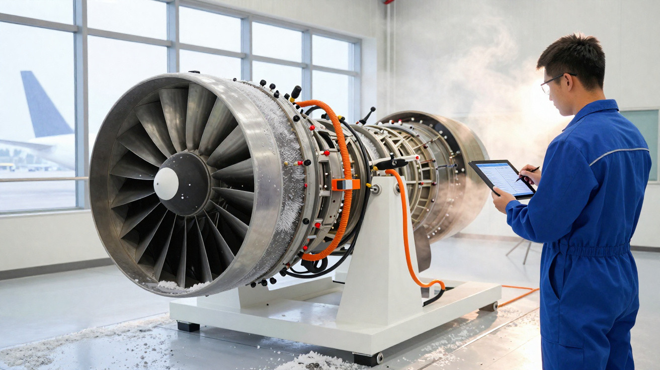 Técnico em macacão azul inspeciona motor de avião em laboratório com tablet na mão.