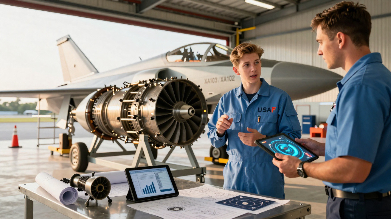 Dois técnicos em uniforme azul discutem manutenção de motor de avião numa oficina com jacto militar ao fundo.