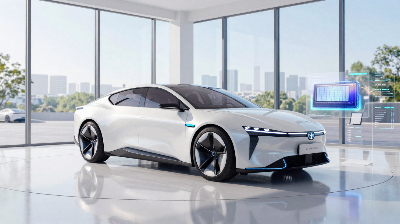 Carro elétrico desportivo branco Toyota Mirai em exposição numa sala moderna com janelas amplas.
