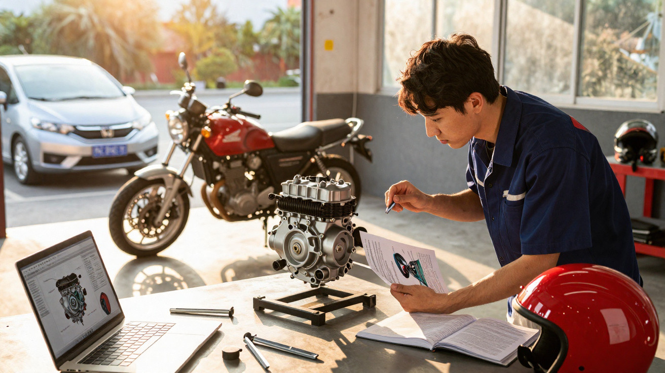 Jovem a montar motor numa oficina com mota, capacete e computador com desenho técnico.