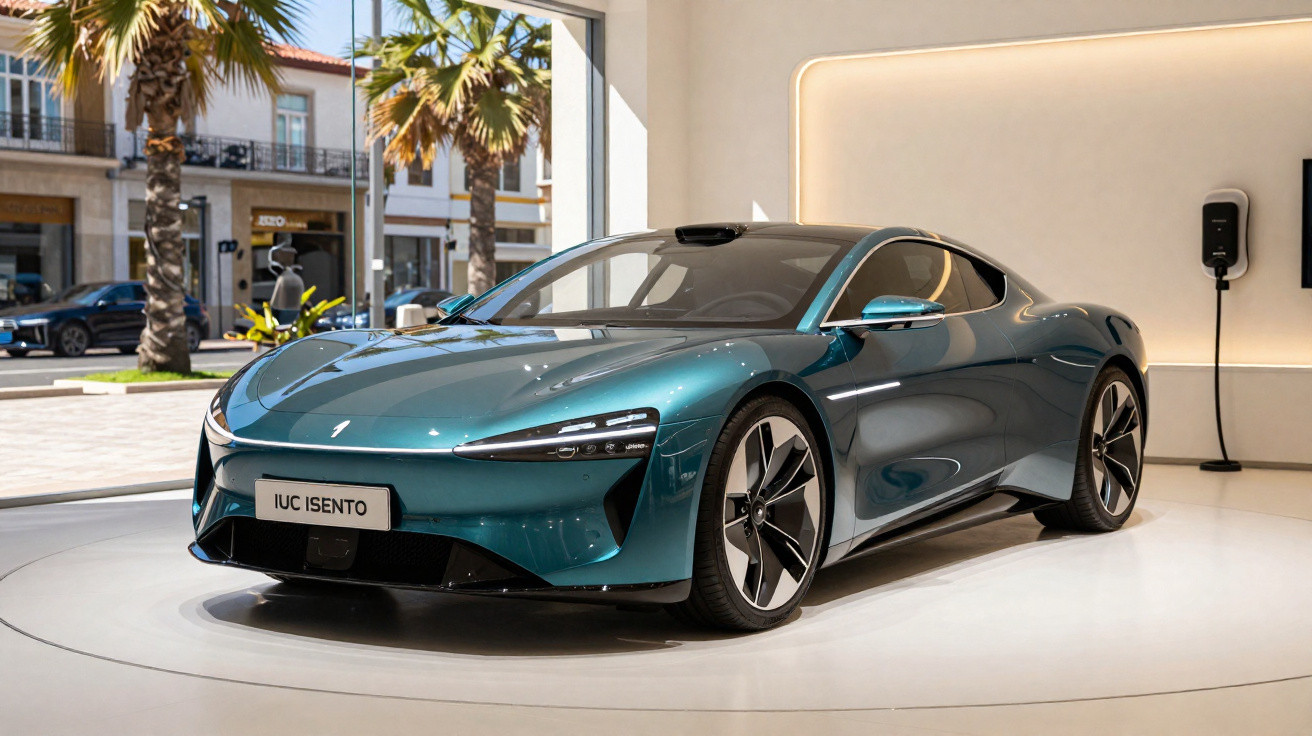 Carro elétrico azul moderno estacionado numa sala com paredes brancas e carregador na parede.