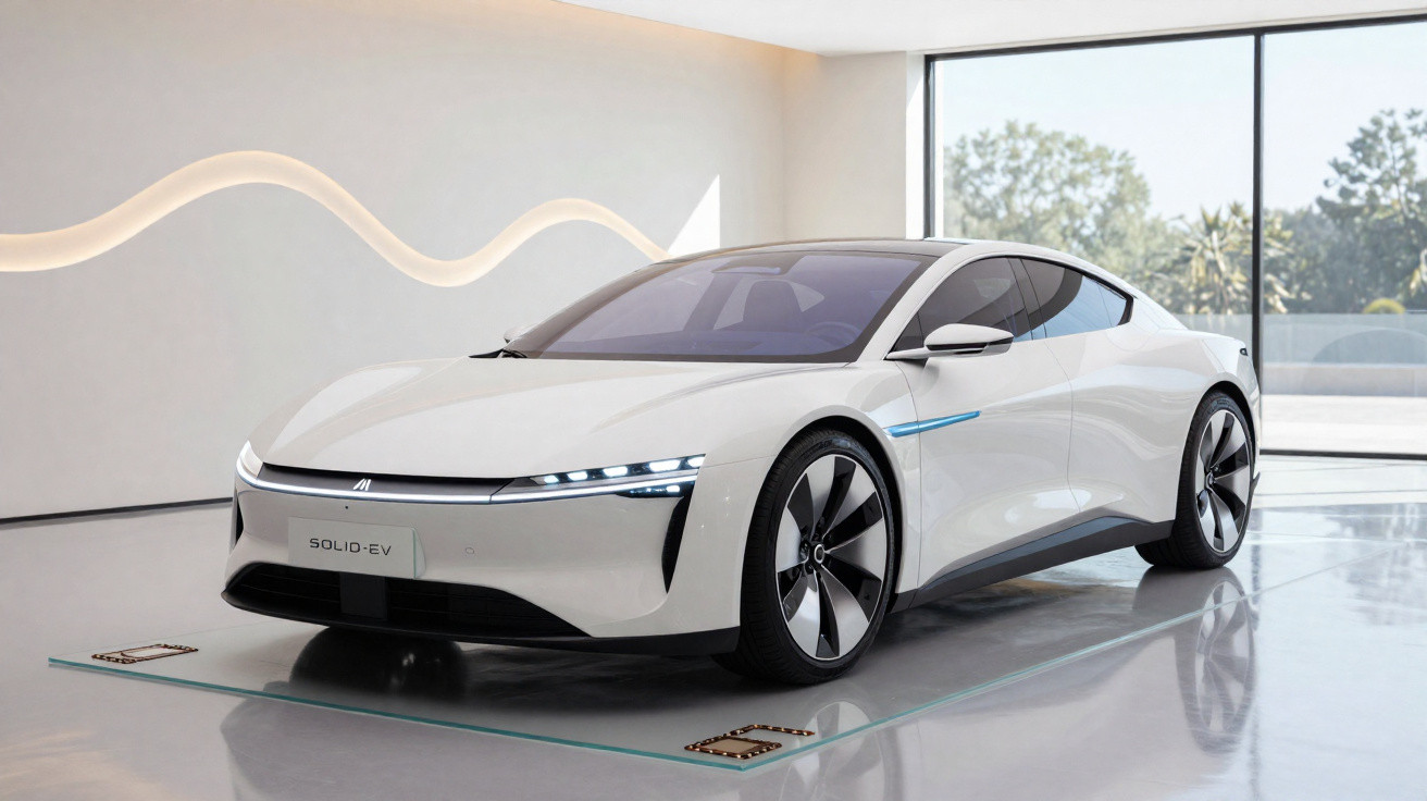 Carro elétrico branco de design futurista exposto num showroom moderno com grandes janelas.