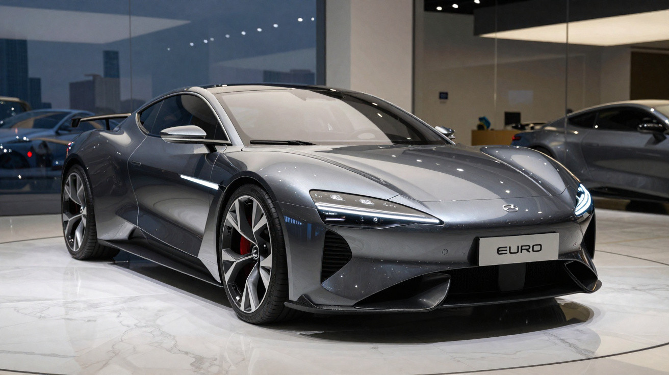 Carro desportivo cinza metálico Euro7 estacionado em showroom moderno com chão de mármore.