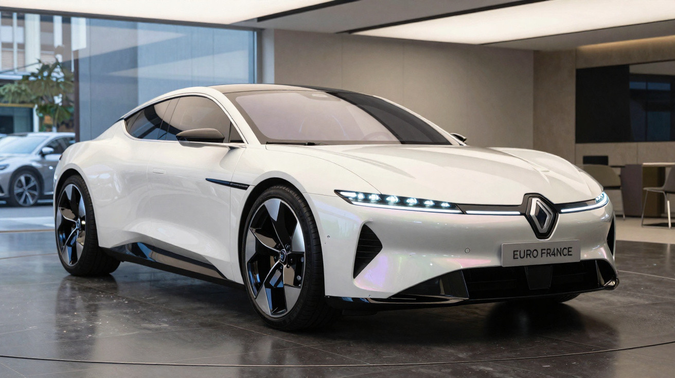 Carro elétrico desportivo branco da Renault estacionado em showroom moderno com janelas grandes.