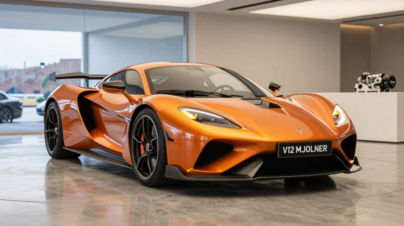 Carro desportivo laranja V12 Mjolner em exposição numa sala moderna com chão de cimento polido.