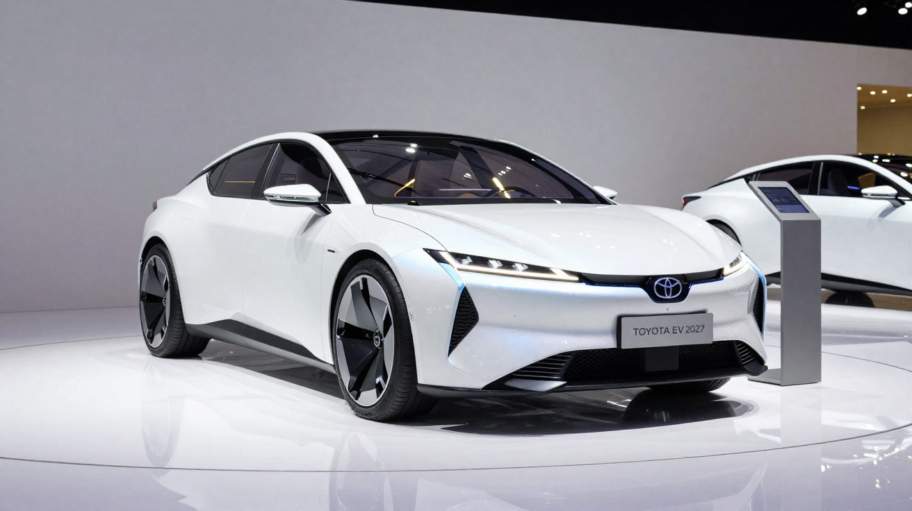 Carro elétrico Toyota EV 2027 branco, design futurista e aerodinâmico, em exposição numa sala moderna.