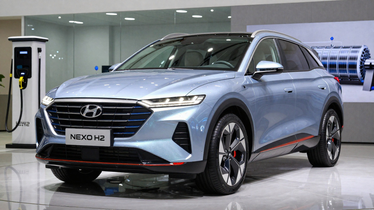 Carro Hyundai Nexo H2 azul estacionado numa sala de exposição com posto de carregamento elétrico.