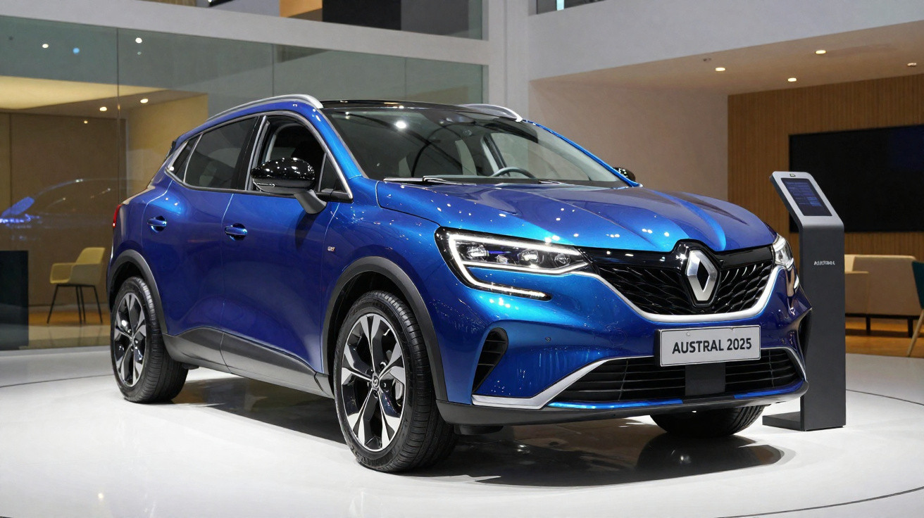 Carro elétrico Renault Austral 2025 azul num salão, ao lado de estação de carregamento.