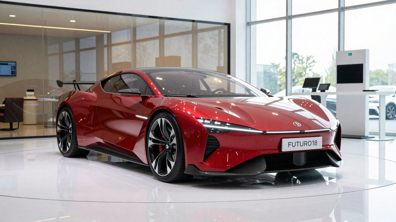 Carro desportivo elétrico vermelho com design futurista exposto numa sala moderna e luminosa.