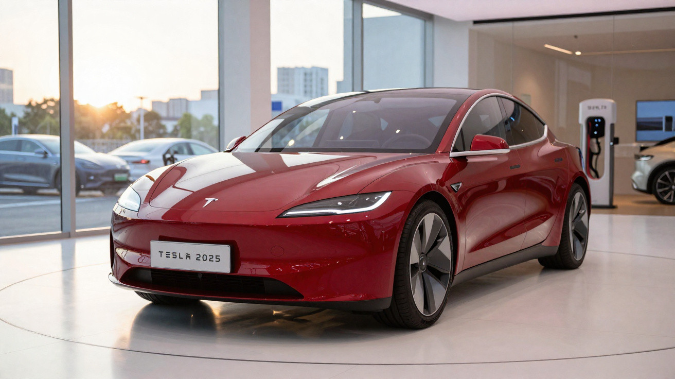 Carro elétrico Tesla vermelho modelo 2025 em showroom moderno com grandes janelas e carregador elétrico.
