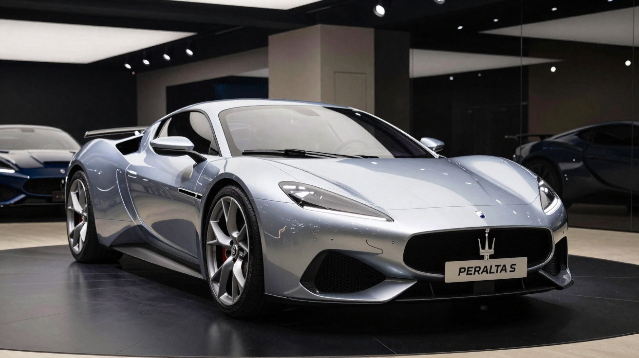 Carro desportivo Maserati Peralta S prateado exibido num salão com chão espelhado.