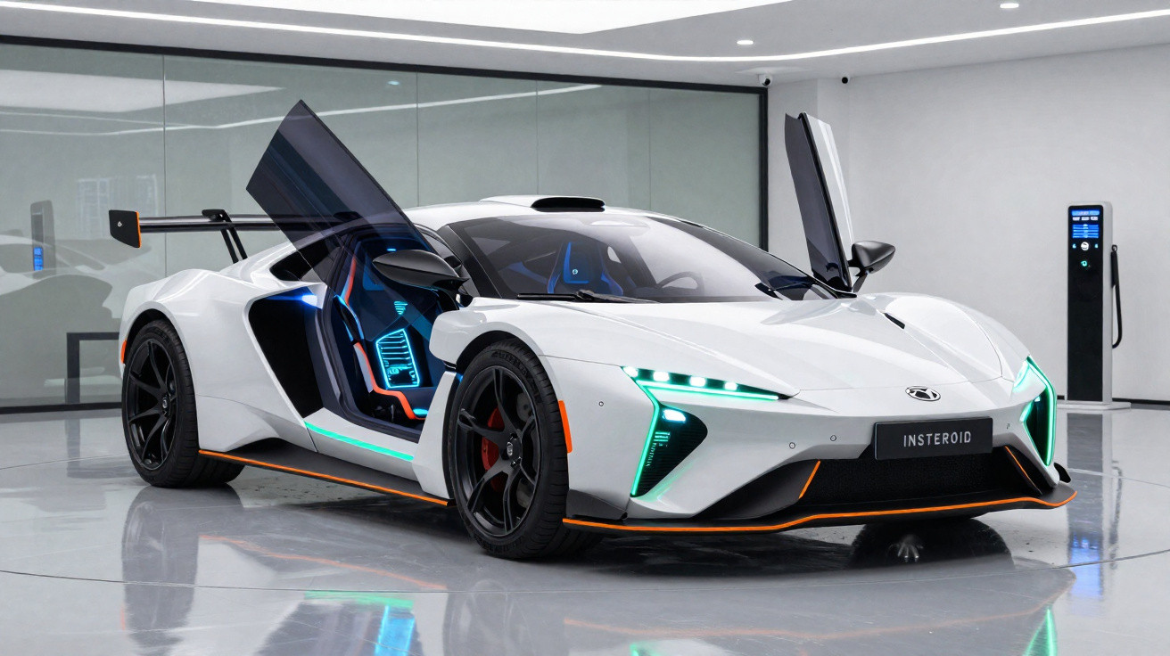Carro desportivo elétrico branco com detalhes laranja aberto numa garagem com paredes cinzentas.
