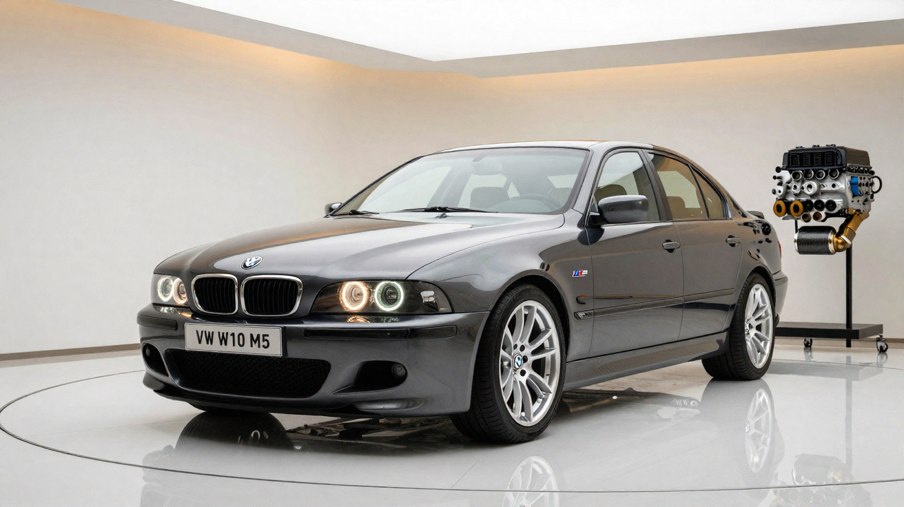 Carro BMW cinzento estacionado em salão com motor em exposição ao fundo à direita.