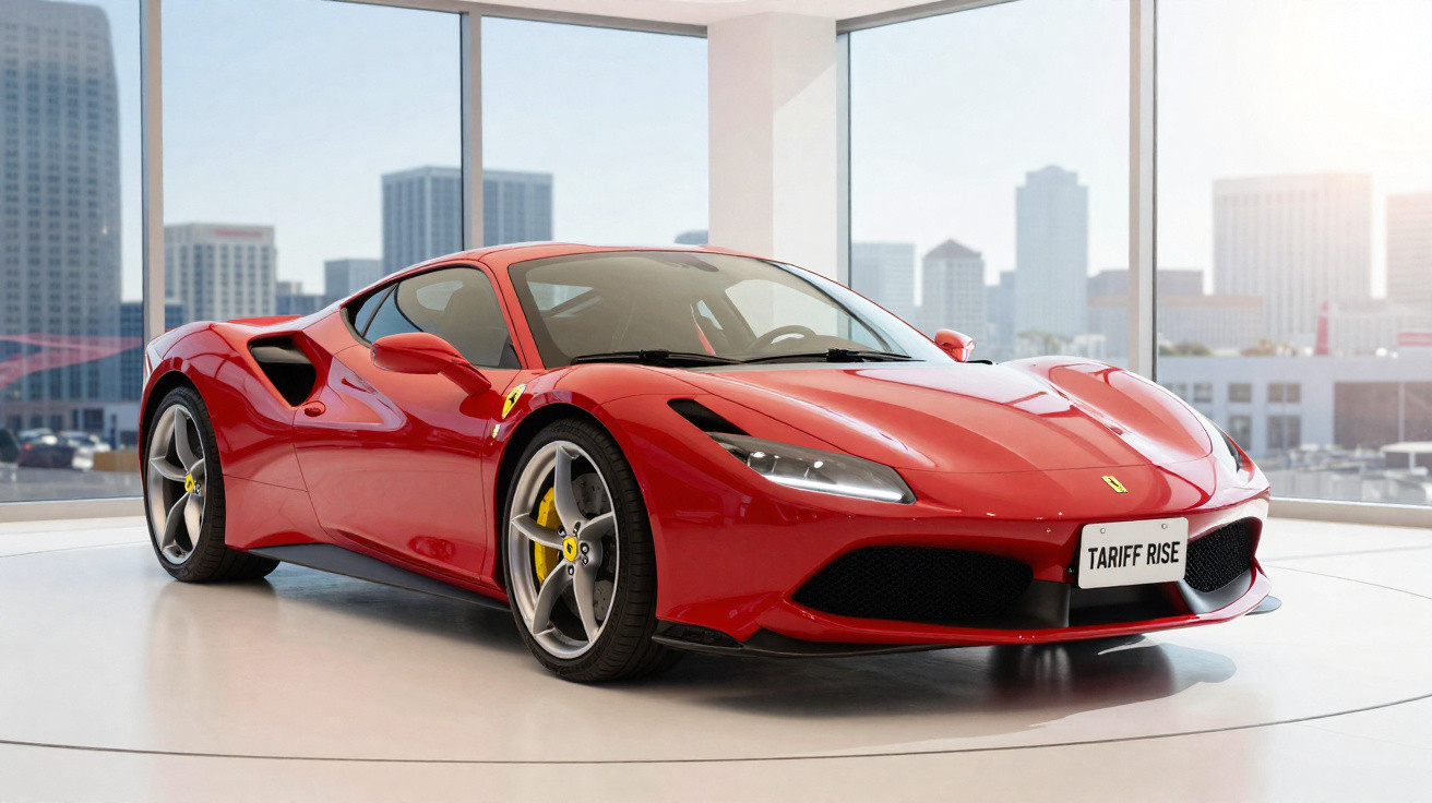 Carro desportivo Ferrari vermelho brilhante estacionado em showroom moderno com janelas amplas e vista urbana.