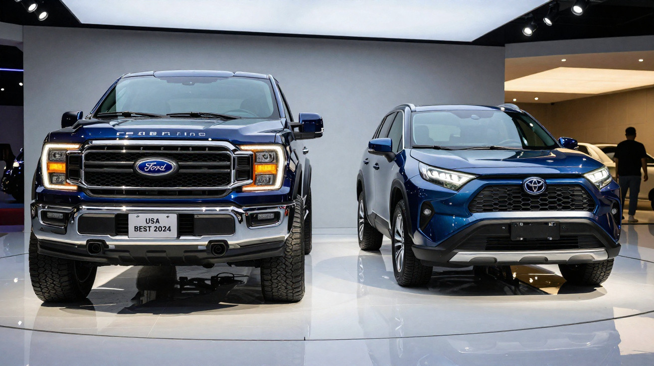 Dois veículos modernos estacionados em interior, uma pick-up Ford cinzenta escura e um SUV Toyota cinzento claro.
