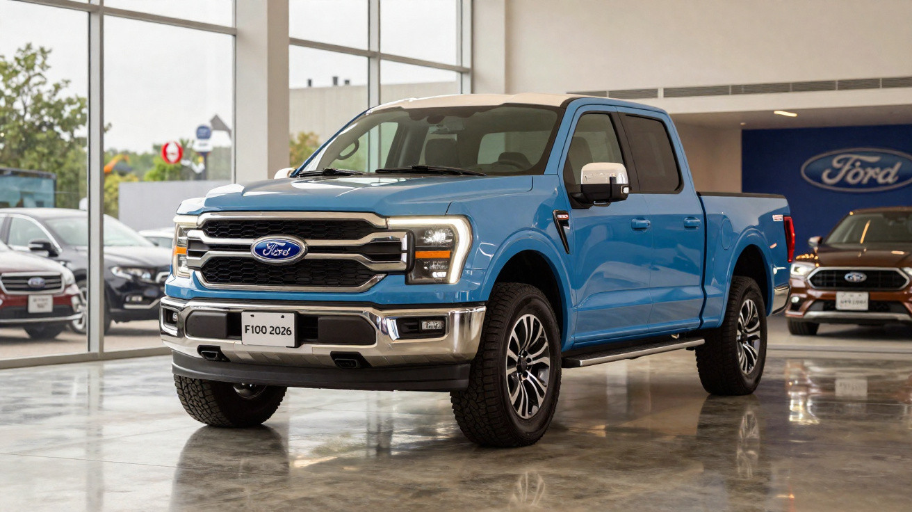 Pick-up azul Ford F-150 2026 exibida num salão de automóveis moderno com chão espelhado.