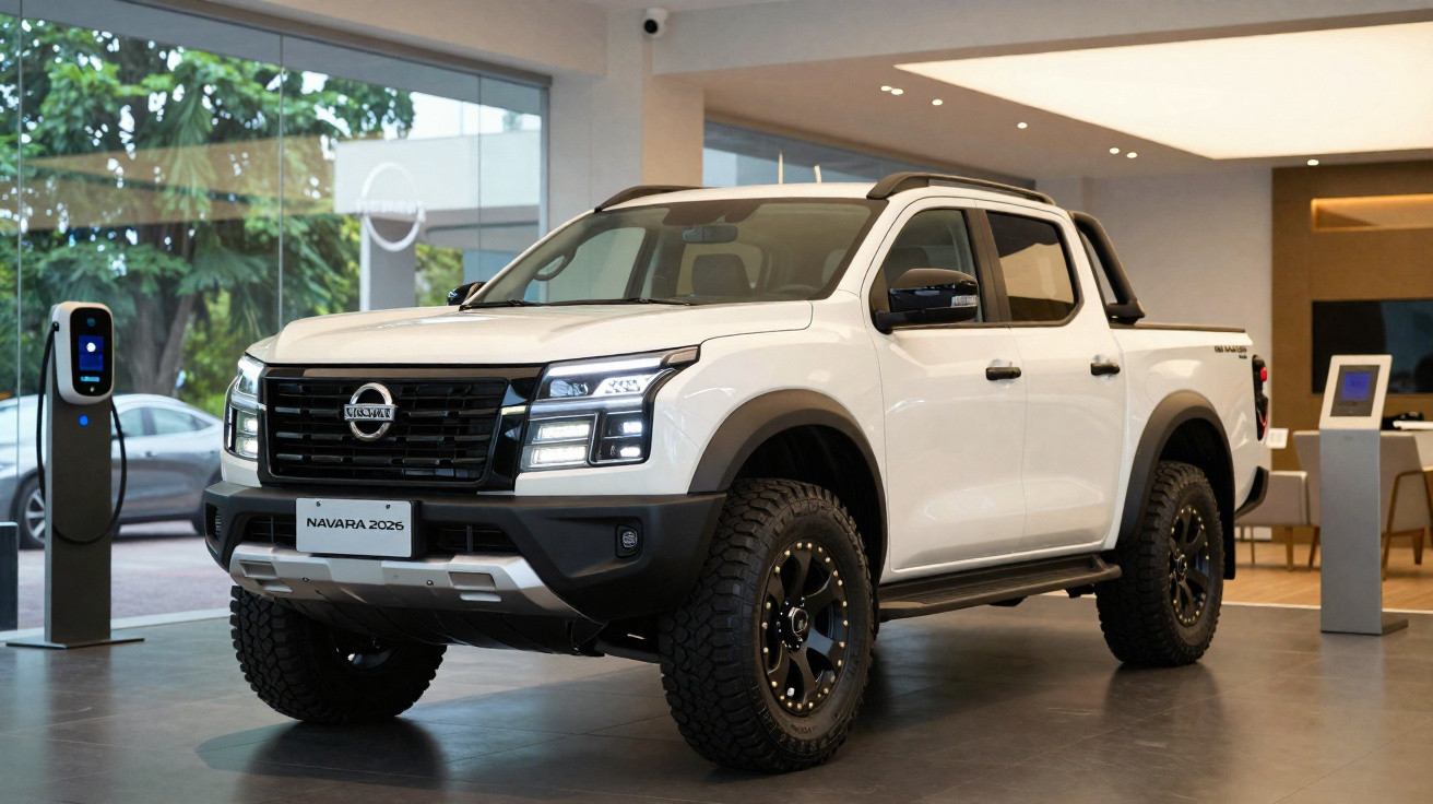 Picape branca Nissan Navara 2026 exibida em salão com carregador elétrico ao lado.