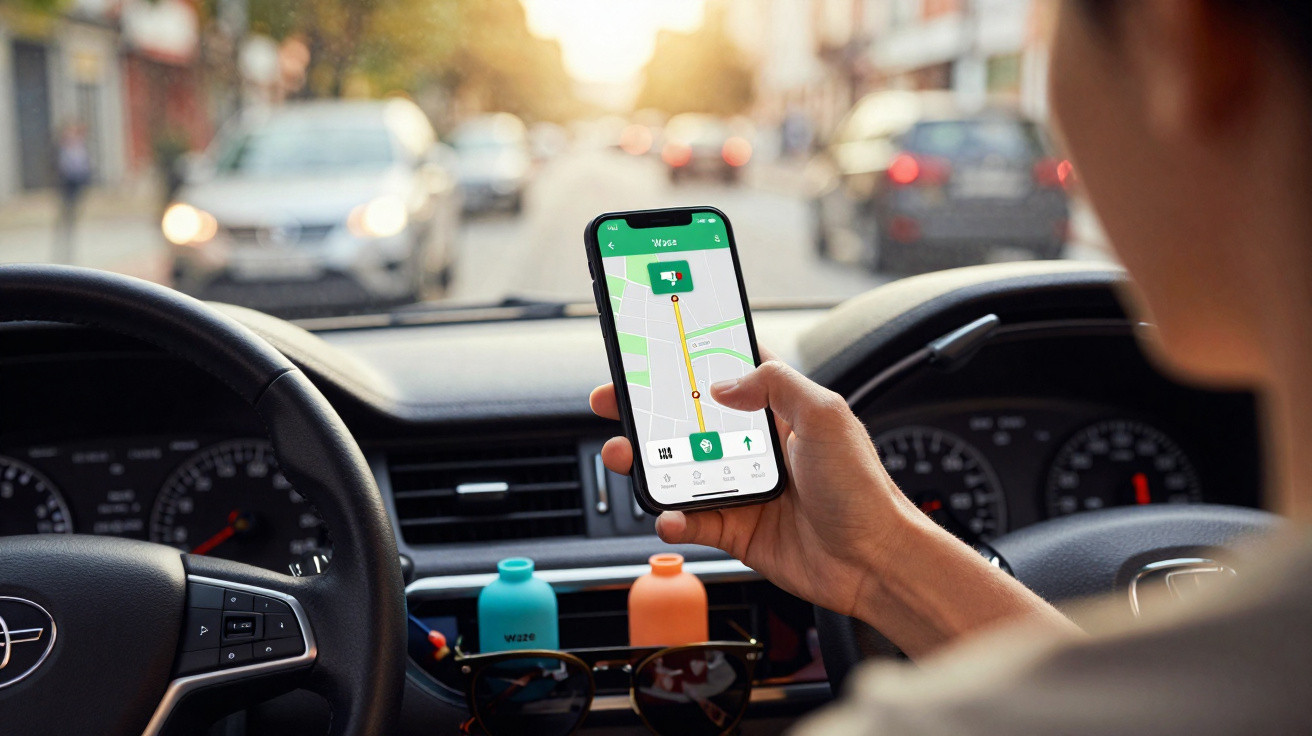 Pessoa dentro de carro a usar aplicativo de navegação no smartphone enquanto o trânsito é visível à frente.