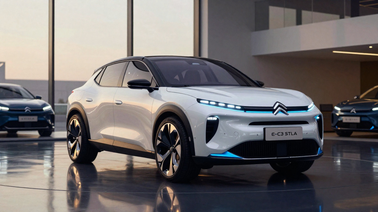 Carro elétrico Citroën E-C3 STLA branco em destaque numa garagem moderna com dois carros ao fundo.