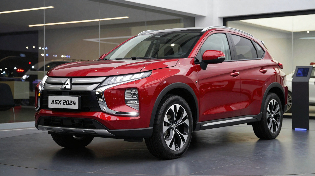 Automóvel SUV Mitsubishi ASX 2024 vermelho exposto em showroom moderno com vidros refletivos.