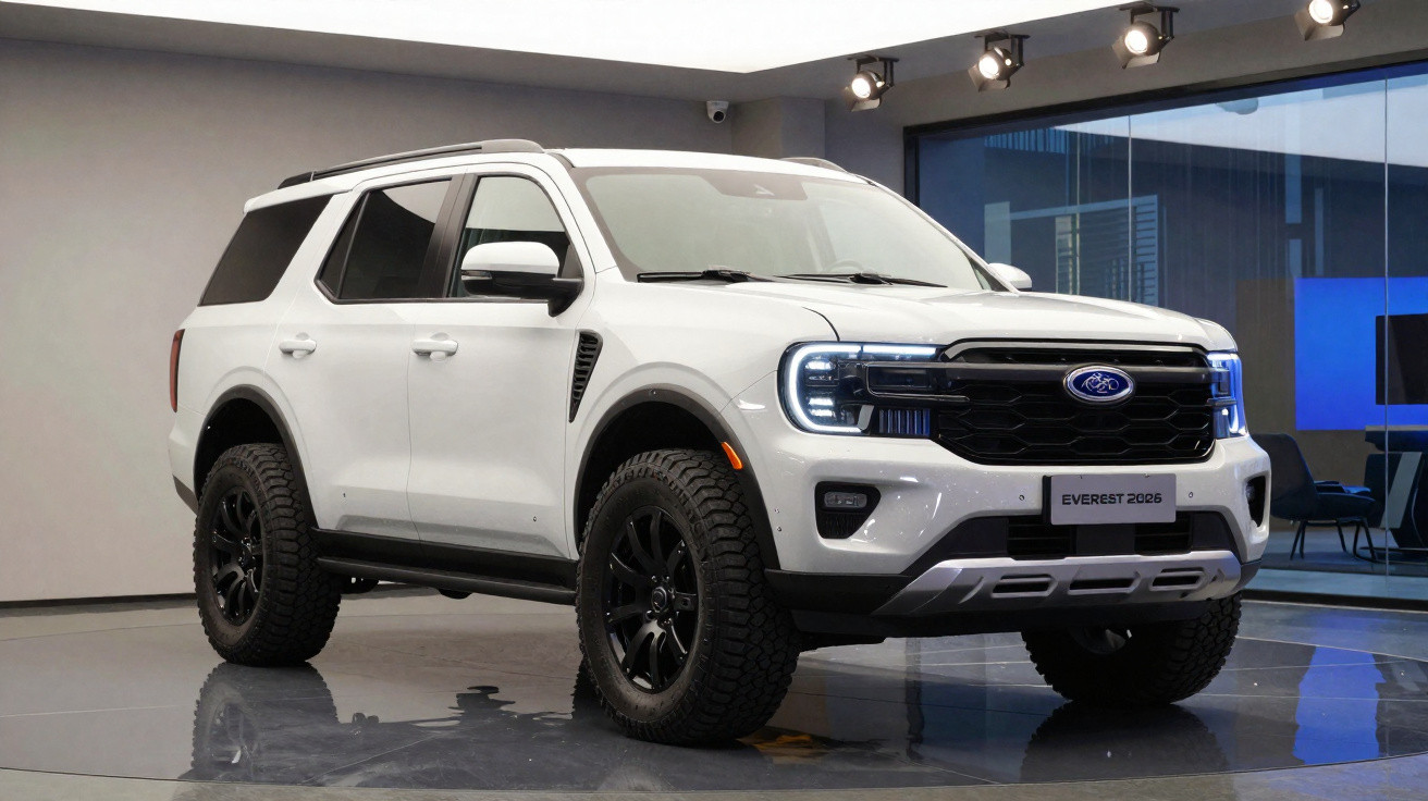 Ford Everest 2026 branco exposto em sala moderna com iluminação focada e chão refletor.